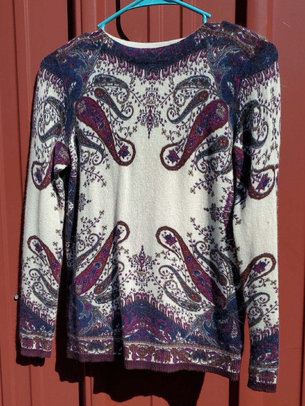 Paisley Crew Neck 100%Cashmere  Sweater in Cream with Plum & Navy Accents